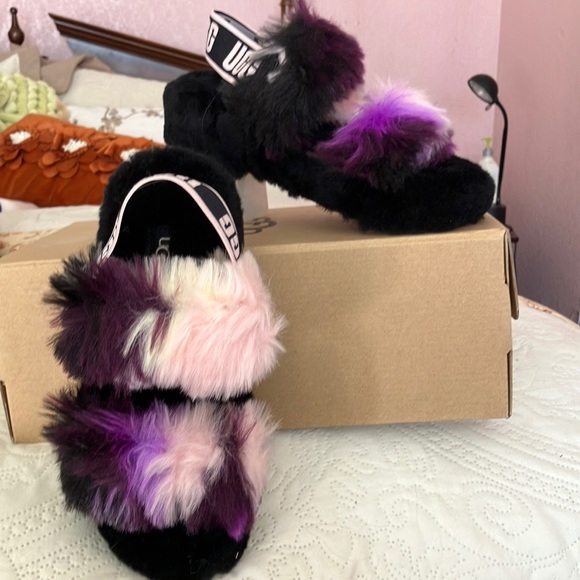 UGG Fluffy Black and Purple Slippers - Picture 1 of 5
